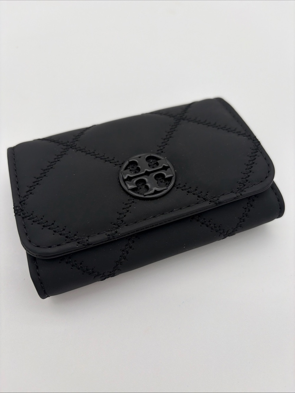 TORY BURCH Willa Quilted Matte Black Card Case Diamond Stitch Logo